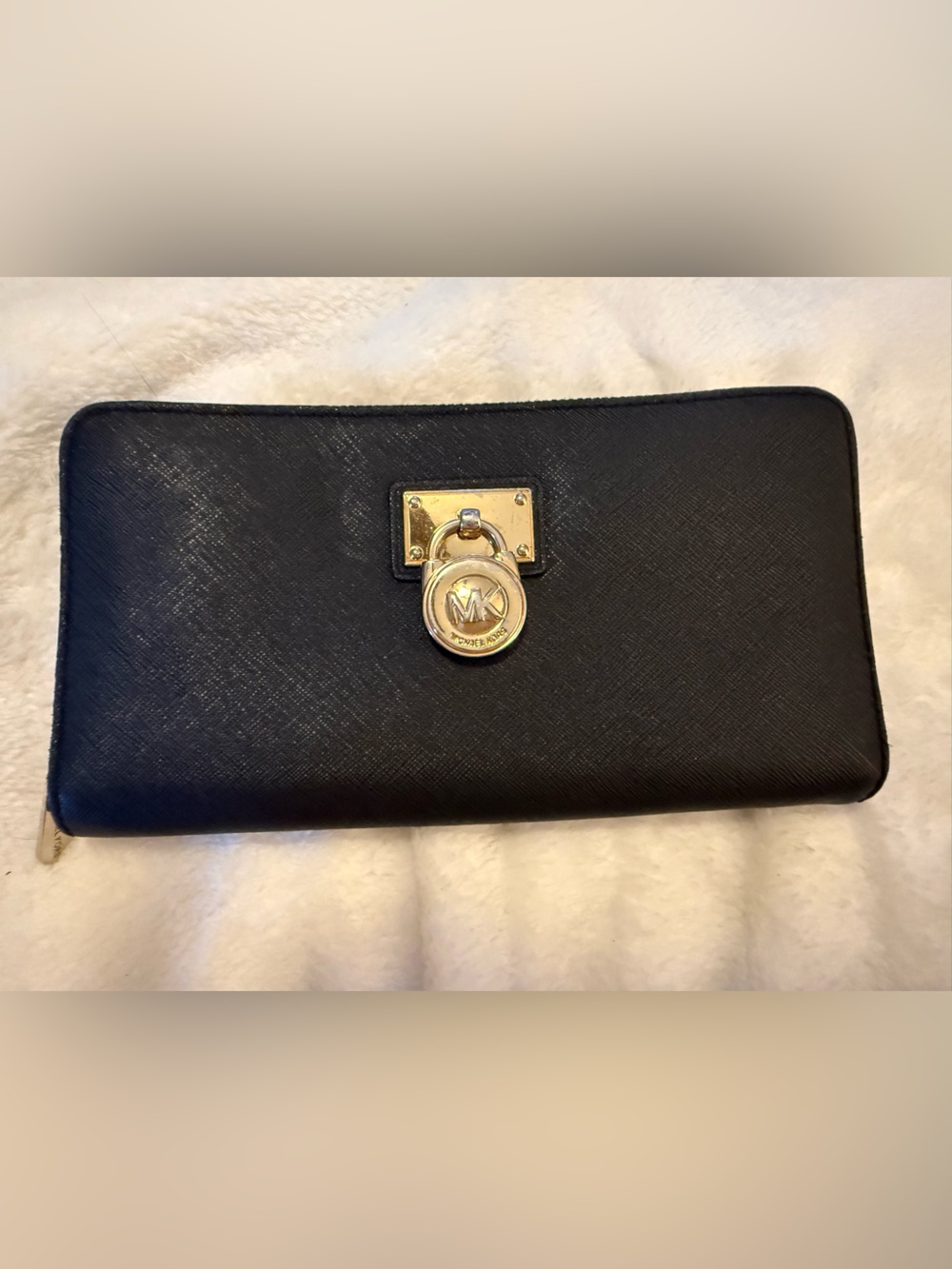 Michael Kors Black Saffiano Zip Wallet with Gold MK Charm